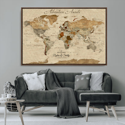 29054239-MGV-CV-36X24-Personalized World Map Print - Customizable Push Pin Framed World Map Print on Canvas - Custom Quote on Map Print