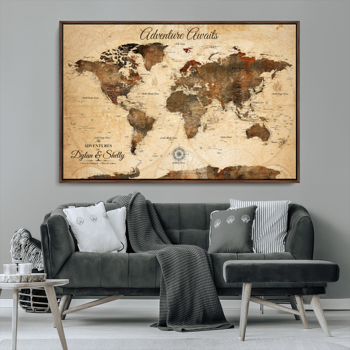 66357947-MGV-CV-36X24-Personalized World Map Print, Customizable Push Pin Framed World Map Print on Canvas - Custom Quote on Map Print