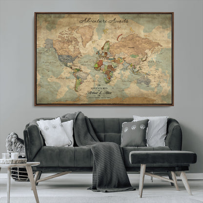 60798273-MGV-CV-30X20-Custom Push Pin World Map Wall Canvas Print – Personalized Travel Tracker with Pins – Framed Custom Quotie Canvas for Home Office Decor