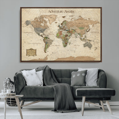 33020399-MGV-CV-30X20-Custom Push Pin World Map Wall Canvas Print – Personalized Travel Tracker with Pins – Framed Custom Quotie Canvas for Home Office Decor