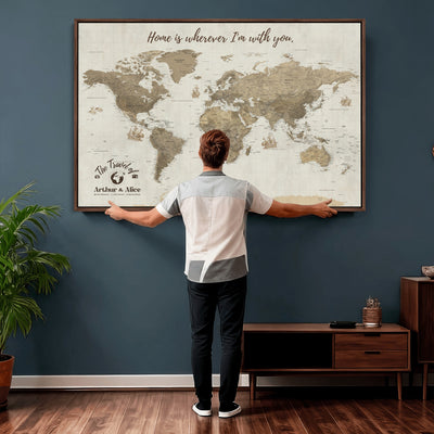 Custom Beige Geometric World Map Canvas with Push Pins, Honeymoon and Anniversary Gift, Dining Room and Hallway Decor