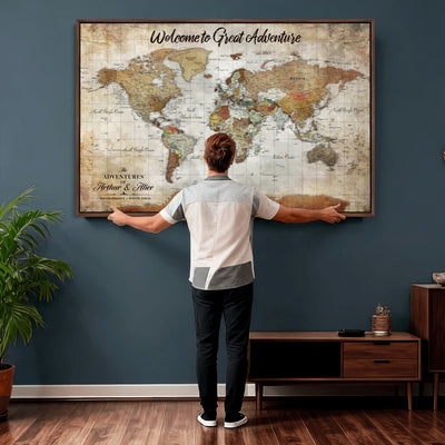 Personalized Beige Push Pin World Map Wall Art, Bucket List Map, Living Room and Family Room Decor