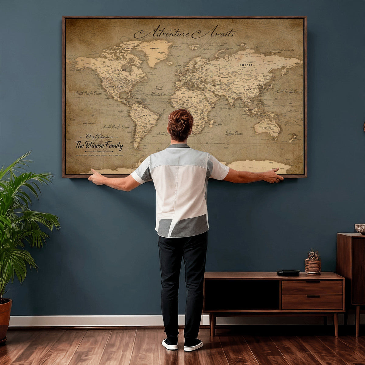 Personalized Framed Beige World Travel Map Wall Art with Pins, Family Travel Tracker, Family Room and Entryway Decor