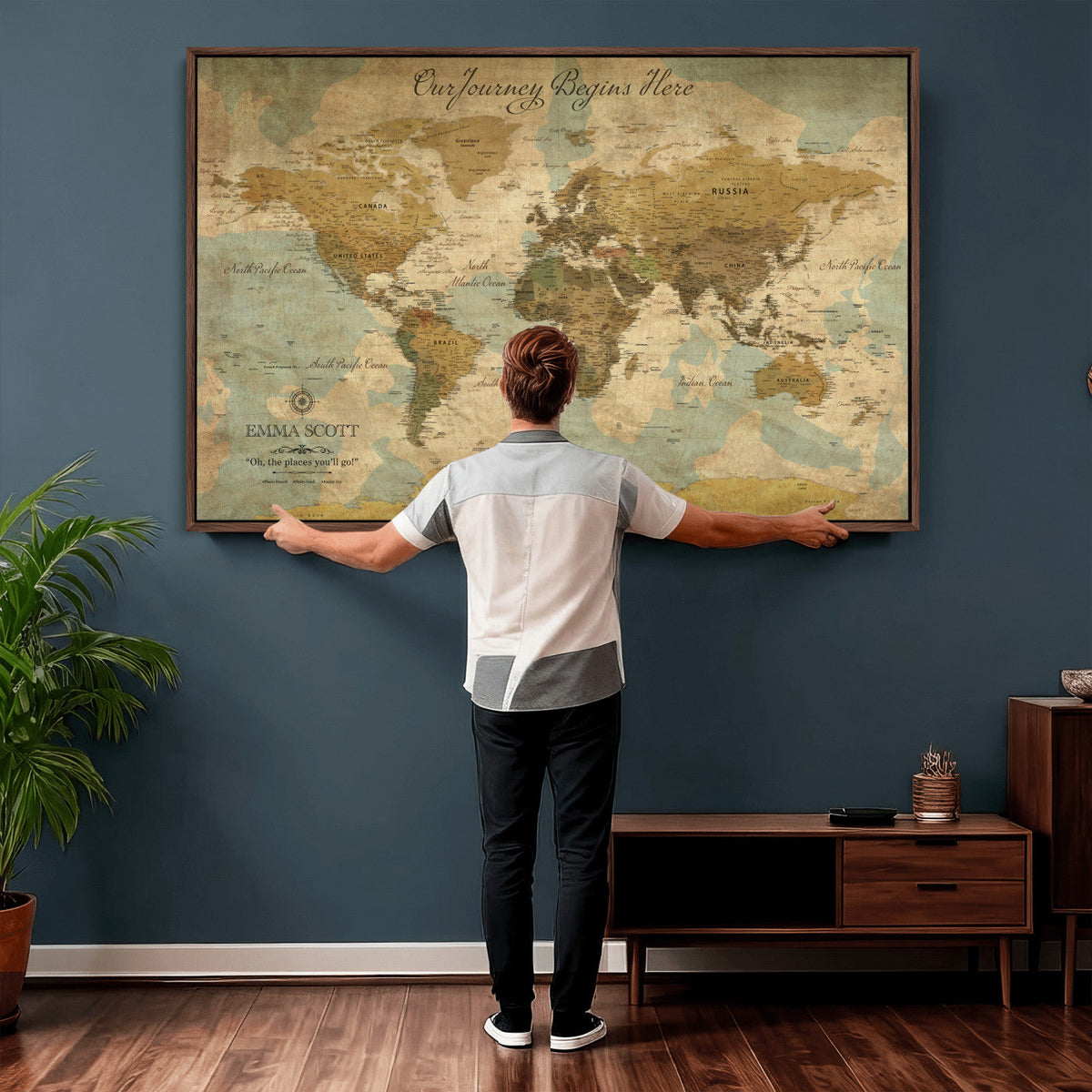 Personalized Navy Push Pin Travel Map Canvas Print, Couples Countries Visited Map, Living Room and Dining Room Decor