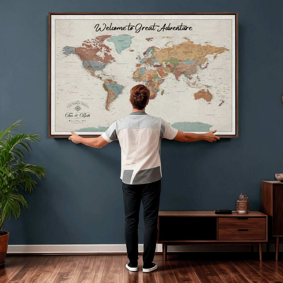 Custom Beige Push Pin World Map Canvas Print, Bucket List Map, Dining Room and Home Office Decor
