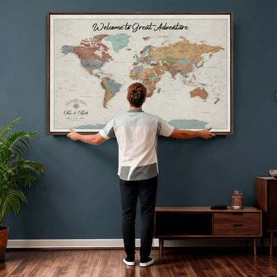 Custom Beige Push Pin World Map Canvas Print, Bucket List Map, Dining Room and Home Office Decor
