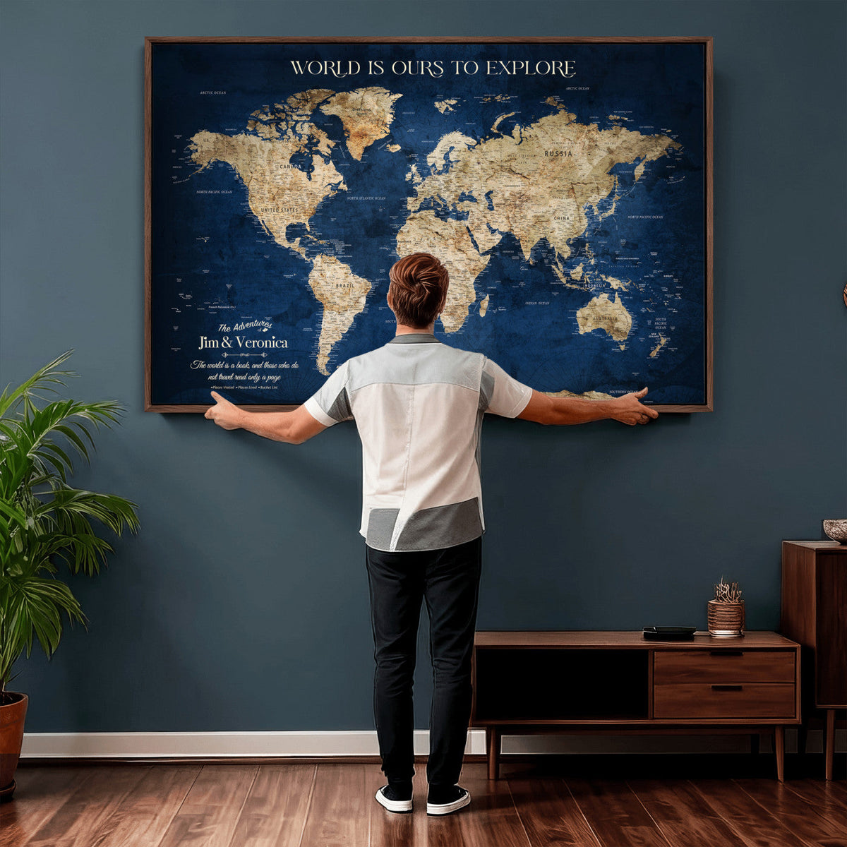 35296308-MGV-CV-36X24 - Custom Push Pin World Map Wall Art Canvas Print | Personalized Travel Tracker with Pins Framed Large for Home and Office Decor