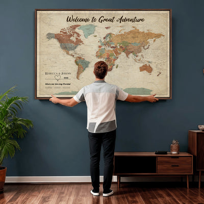 Large Personalized Beige Minimalist Push Pin World Map Wall Art, Next Trip Planner Map, Bedroom and Home Office Decor