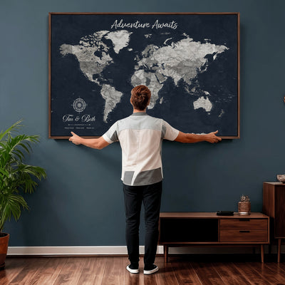 Personalized Framed Beige Vintage Push Pin World Map Wall Art, Bucket List Map, Study and Hallway Decor