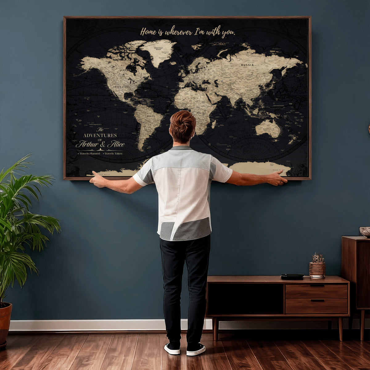 Personalized Framed Beige Modern Push Pin World Map Canvas Print, Places Visited Tracker, Family Room and Bedroom Decor