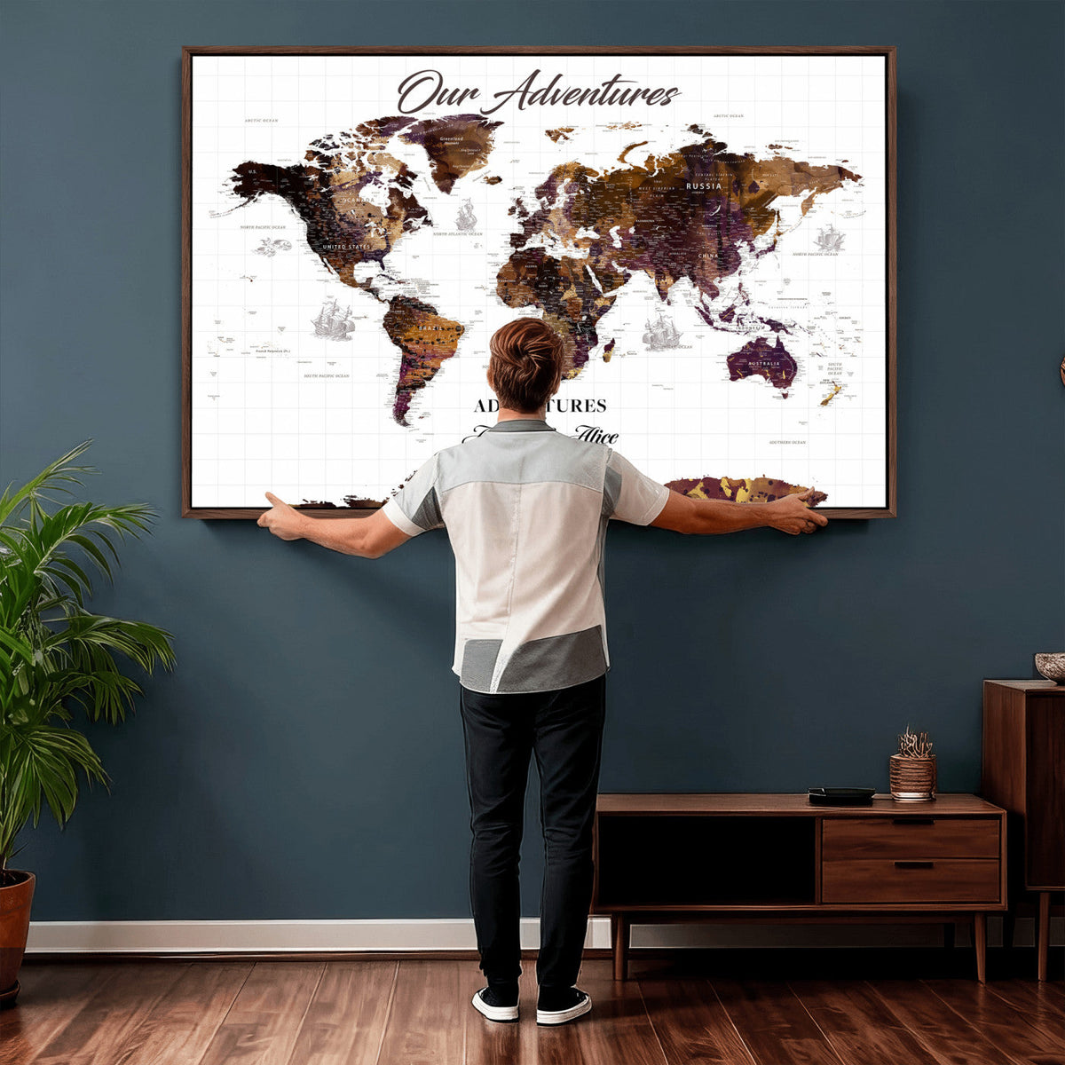 Personalized Framed Beige Vintage Push Pin Travel Map Canvas Print, Next Trip Planner Map, Home Office and Entryway Decor
