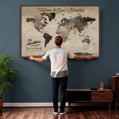 Custom Beige Modern Push Pin World Map Wall Art, Honeymoon and Anniversary Gift, Dining Room and Study Decor