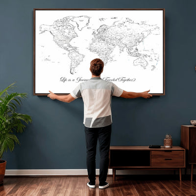 Personalized Framed Beige Modern Push Pin Travel Map Canvas Print, Couples Countries Visited Map, Living Room and Family Room Decor