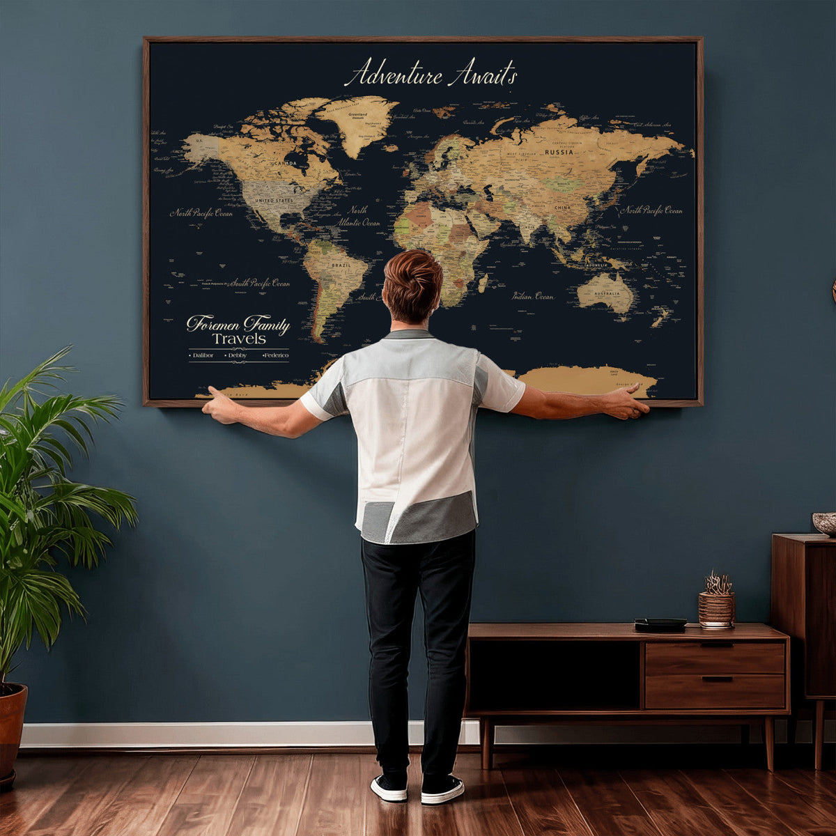Personalized Framed Beige Geometric Family Push Pin World Map Canvas Print, Next Trip Planner Map, Family Room and Entryway Decor