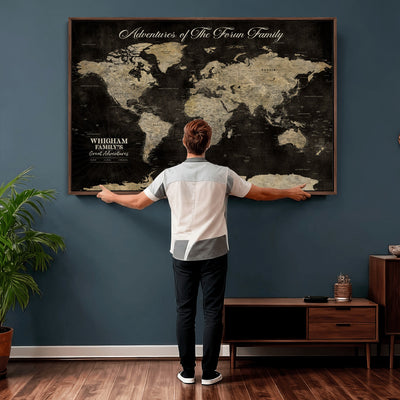 Personalized Framed Black Modern World Map Canvas with Push Pins, Next Trip Planner Map, Dining Room and Home Office Decor