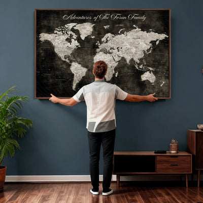 Personalized Framed Beige Push Pin World Map Canvas Print, Couples Countries Visited Map, Dining Room and Study Decor