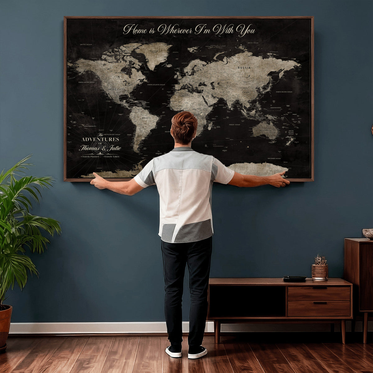 Personalized Framed Black Geometric World Map Canvas with Push Pins, Bucket List Map, Living Room and Dining Room Decor