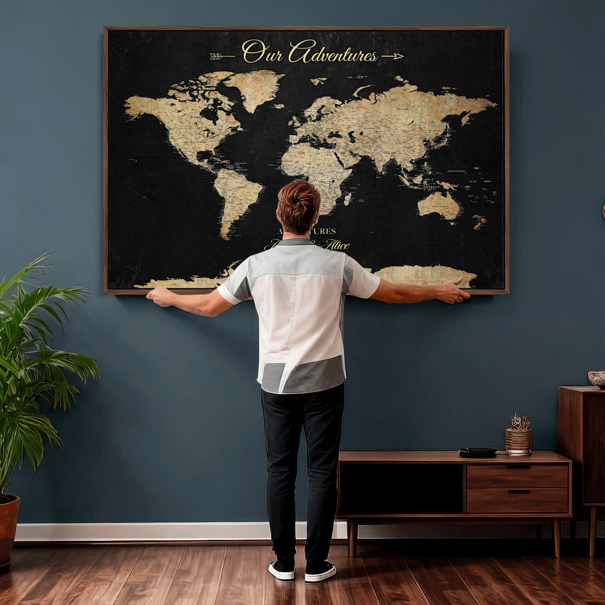 Personalized Framed Beige Push Pin World Map Canvas Print, Family Travel Tracker, Bedroom and Home Office Decor