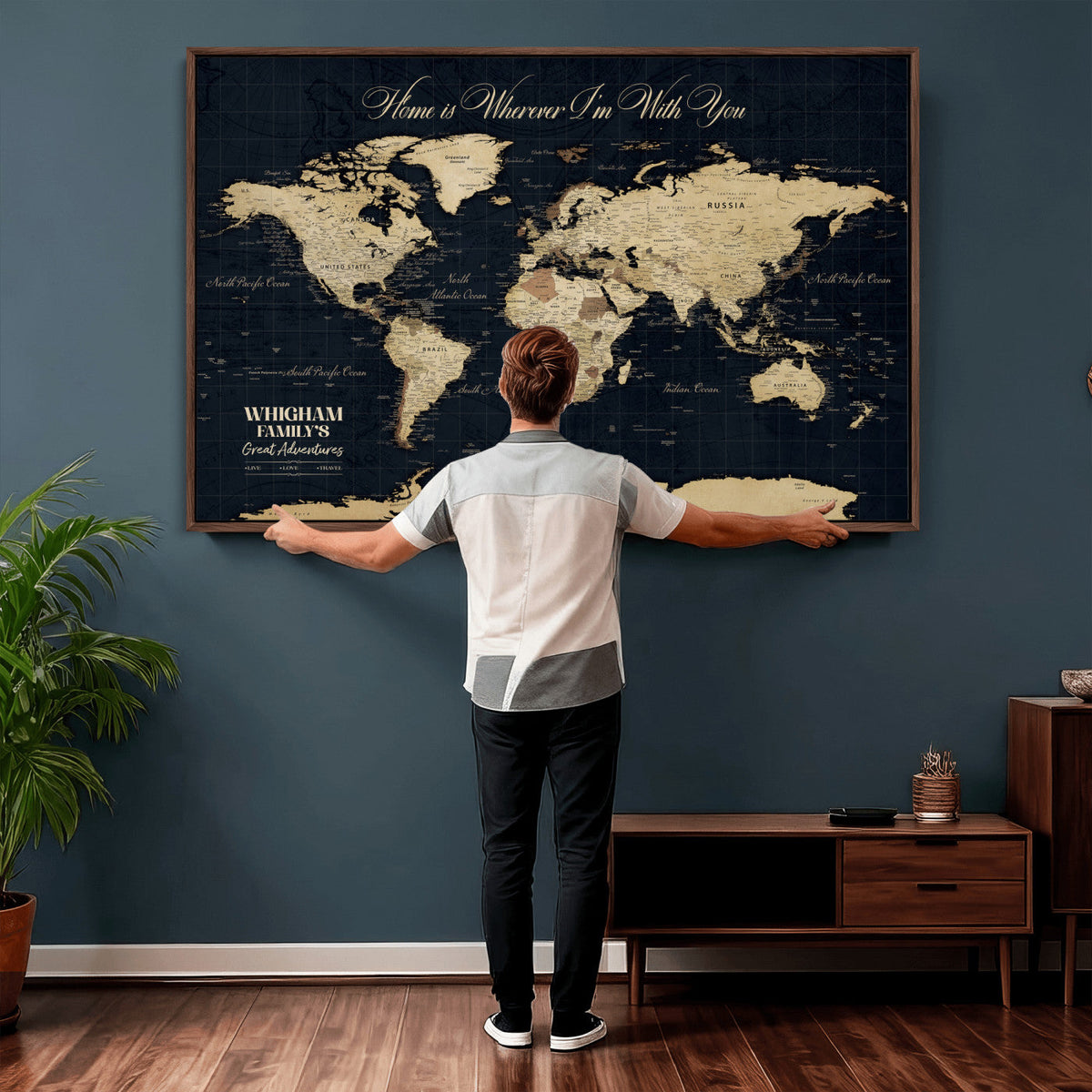 Personalized Framed Beige Geometric Push Pin World Map Wall Art, Couples Countries Visited Map, Bedroom and Hallway Decor