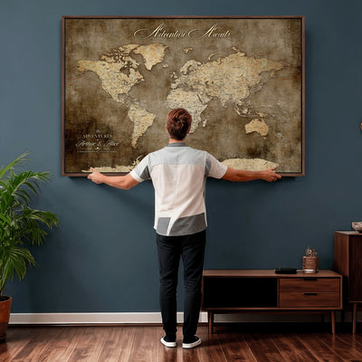 Personalized Framed Beige Push Pin Travel Map Canvas Print, Bucket List Map, Bedroom and Study Decor