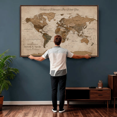 Personalized Framed Beige World Map Canvas with Push Pins, Honeymoon and Anniversary Gift, Living Room and Hallway Decor