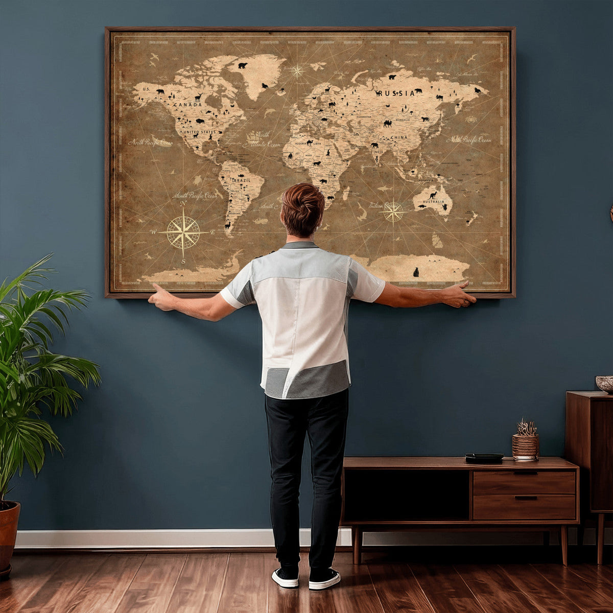 16235283-MGV-CV-36X24 - Custom World Travel Map Wall Art with Pins, Family Travel Tracker, Living Room and Bedroom Decor