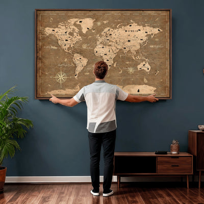 16235283-MGV-CV-36X24 - Custom World Travel Map Wall Art with Pins, Family Travel Tracker, Living Room and Bedroom Decor