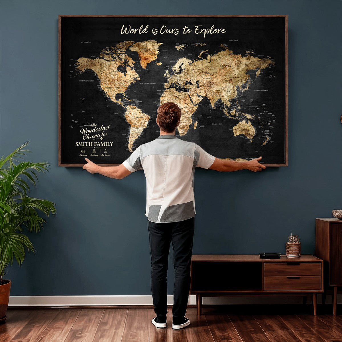 73732636-MGV-CV-36X24 - Custom Push Pin World Map Wall Art Canvas Print | Personalized Travel Tracker with Pins Framed Large for Home and Office Decor
