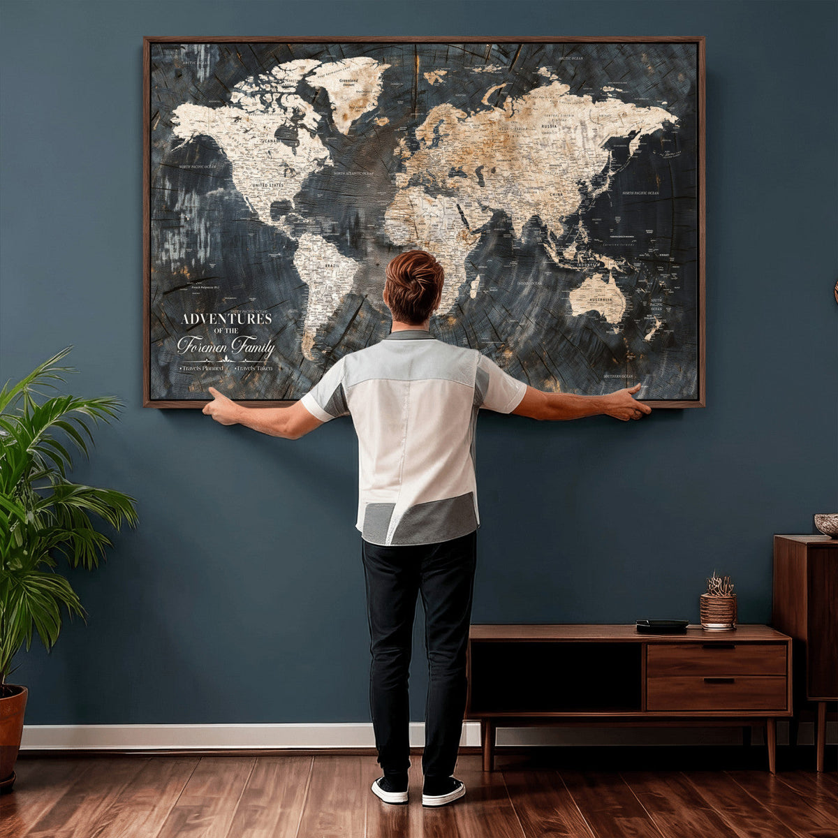 Personalized Framed Beige Push Pin World Map Canvas Print, Bucket List Map, Living Room and Hallway Decor