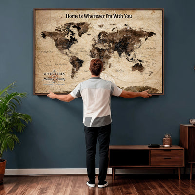 Personalized Framed Beige Modern World Travel Map Wall Art with Pins, Family Adventure Map, Living Room and Hallway Decor