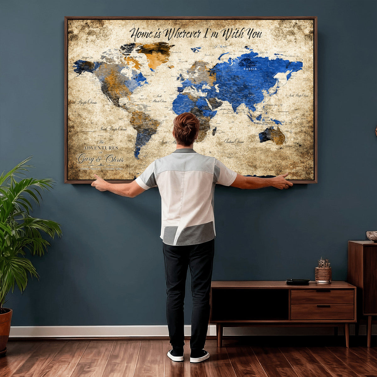 Personalized Framed Beige World Map Canvas with Push Pins, Honeymoon and Anniversary Gift, Living Room and Home Office Decor