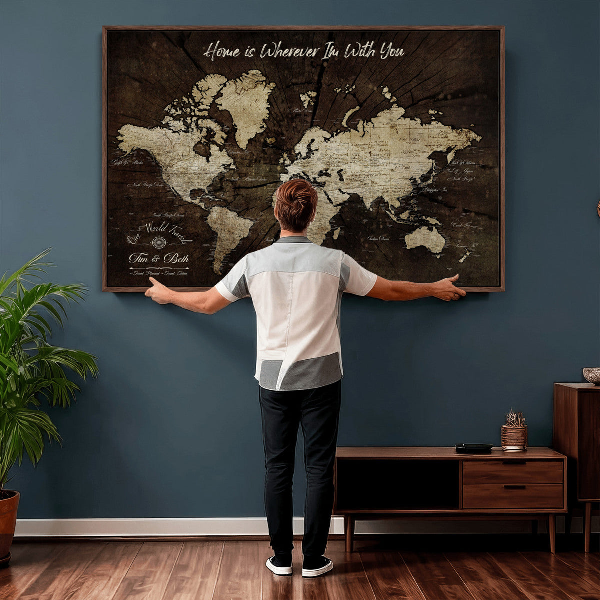 Personalized Watercolor Push Pin World Map Canvas Wall Art, Custom Framed Travel Map - NEWMAP-094