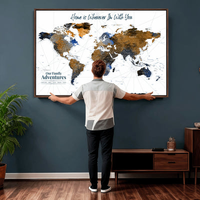 Personalized Framed Beige Modern Push Pin World Map Wall Art, Next Trip Planner Map, Family Room and Home Office Decor