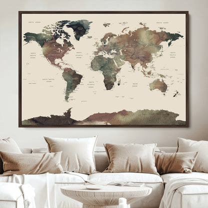 Push Pin World Map Canvas Print – Framed Wall Art for Couples to Track Their Travels – Anniversary Gift or Home Adventure Decor