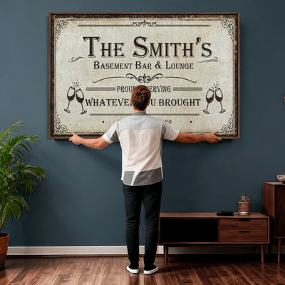 Custom Basement Bar & Lounge Sign Canvas, Personalized Family Name Art