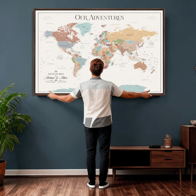 Personalized Framed Navy Push Pin World Map Canvas Print, Next Trip Planner Map, Living Room and Entryway Decor