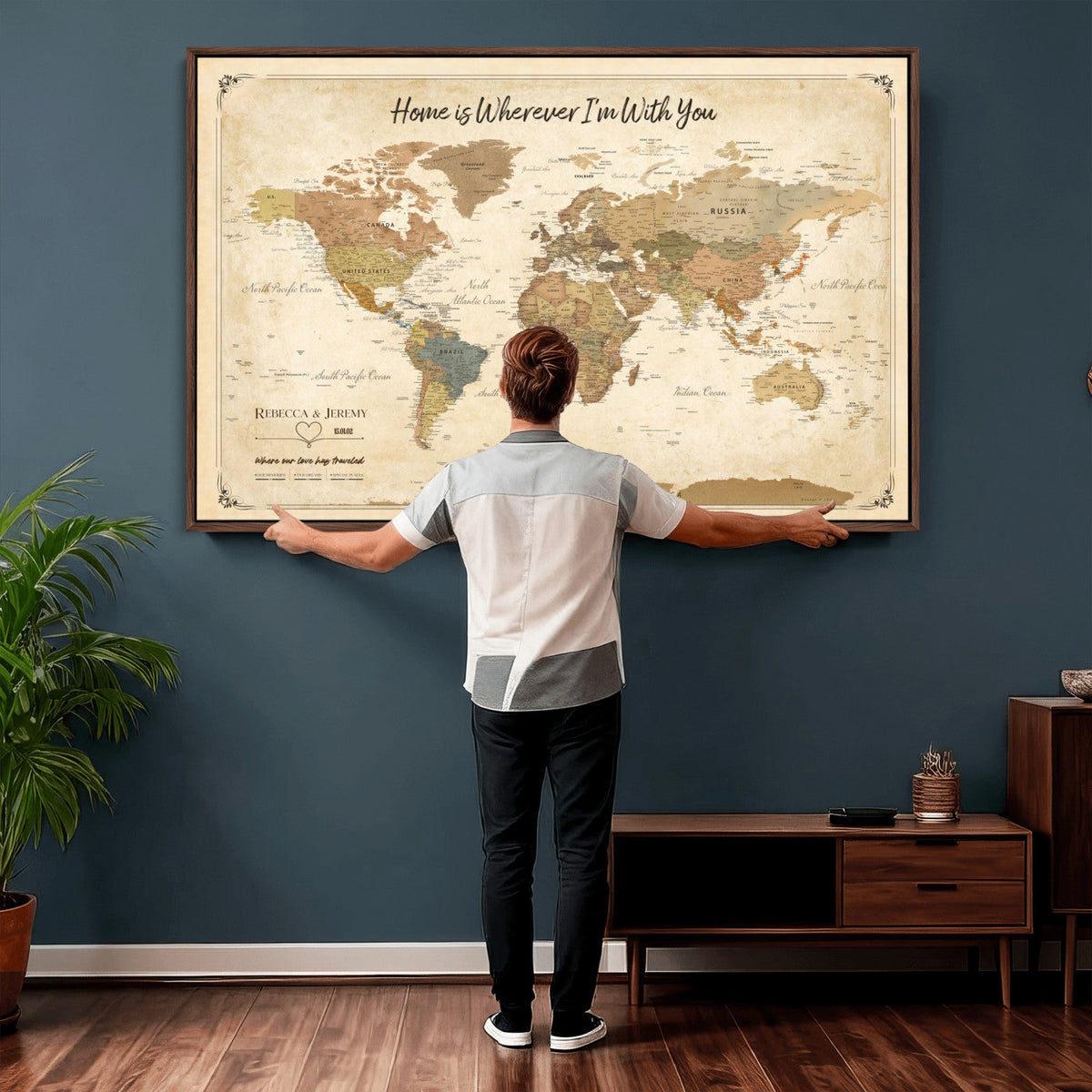 40086165SP-MGV-CV-36X24 - Custom Push Pin Travel Map Canvas Print, Cream Personalized Travel Tracker Map, Anniversary Gift, Vintage World Map Wall Art