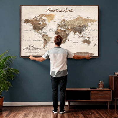 84865191-MGV-CV-36X24 - Our Family Adventures Push Pin World Map Wall Art Canvas Print - Family Travel Tracker Map with Pins
