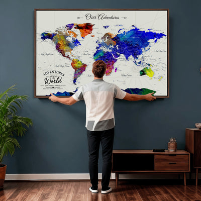 88162438-MGV-CV-36X24 - Our Family Adventures Push Pin World Map Wall Art Canvas Print | Family Travel Tracker Map with Pins