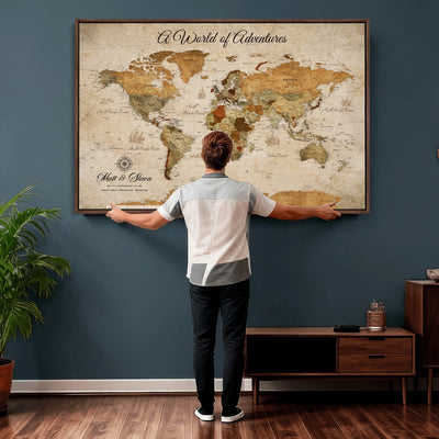 88768647-MGV-CV-36X24 - Extra Large Framed Personalize Push Pin World Map Wall Art Canvas Print for Travel Tracking
