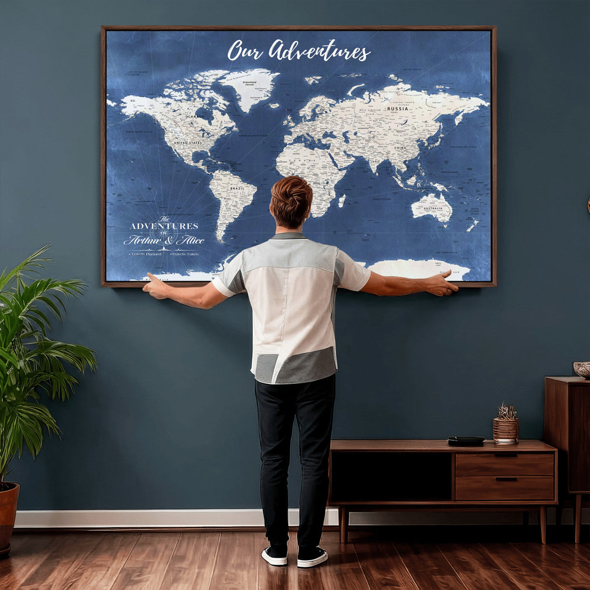 75405527-MGV-CV-36X24 - Extra Large Framed Personalize Push Pin World Map Wall Art Canvas Print for Travel Tracking - NEWMAP-113A