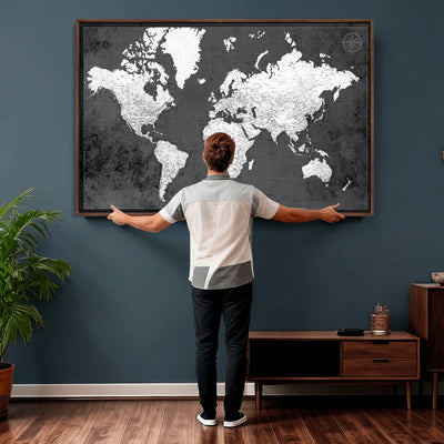 78574966-MGV-CV-36X24 - Extra Large Framed Personalize Push Pin World Map Wall Art Canvas Print for Travel Tracking - NEWMAP-128