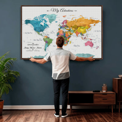 66743043-MGV-CV-36X24 - Extra Large Framed Personalize Push Pin World Map Wall Art Canvas Print for Travel Tracking - NEWMAP-131