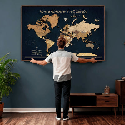 13903533-MGV-CV-36X24 - Extra Large Framed Personalize Push Pin World Map Wall Art Canvas Print for Travel Tracking - NEWMAP-152