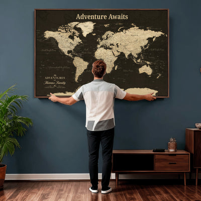 Custom Beige Modern World Travel Map Wall Art with Pins, Family Travel Tracker, Dining Room and Entryway Decor