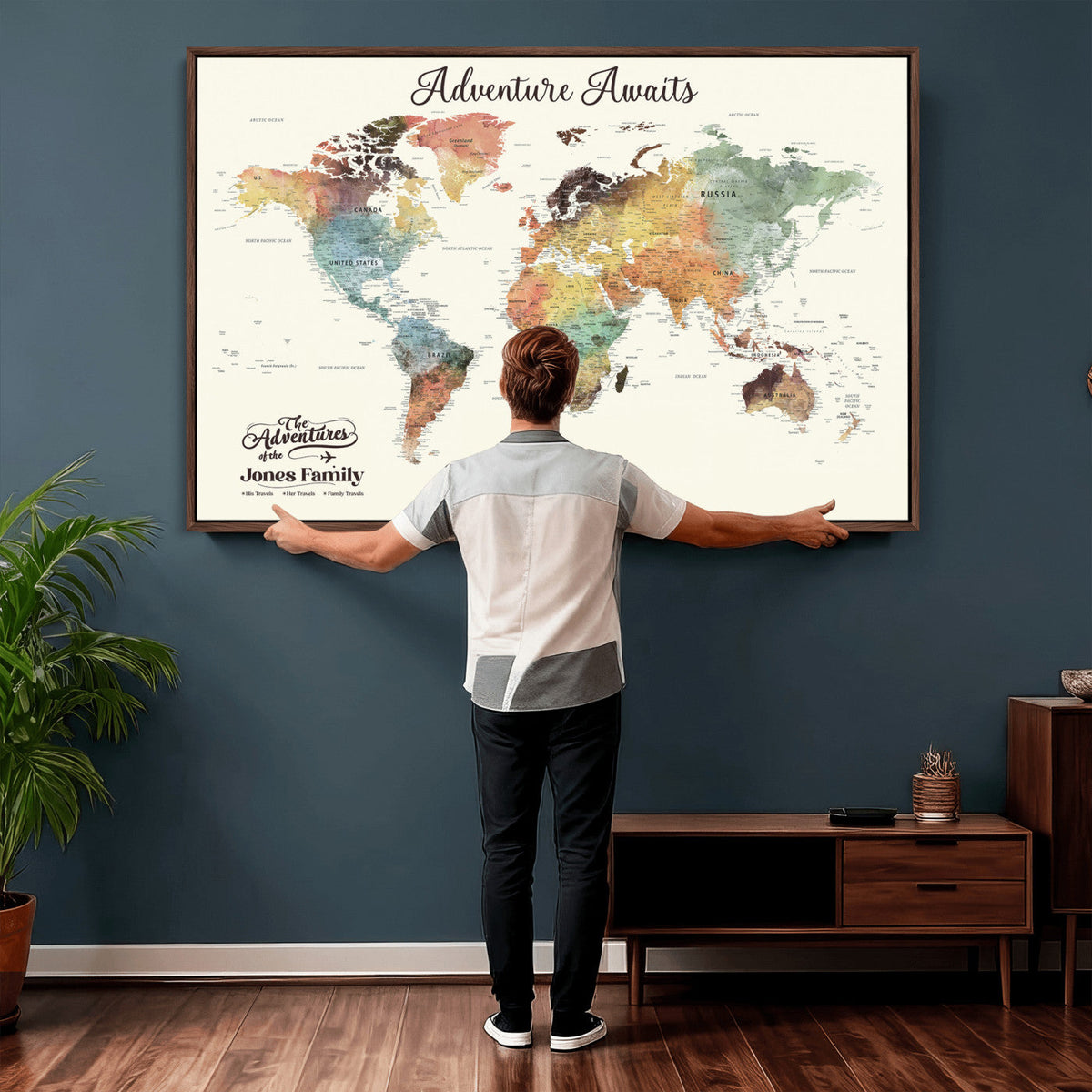 Personalized Framed Beige Modern Push Pin Travel Map Canvas Print, Family Travel Tracker, Bedroom and Home Office Decor