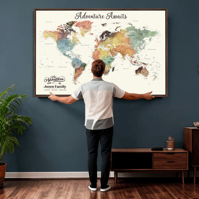 Personalized Framed Beige Modern Push Pin Travel Map Canvas Print, Family Travel Tracker, Bedroom and Home Office Decor