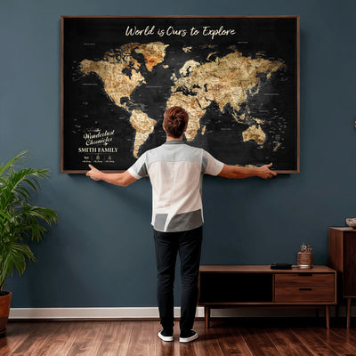 Personalized Beige Push Pin Travel Map Canvas Print, Family Travel Tracker, Bedroom and Entryway Decor