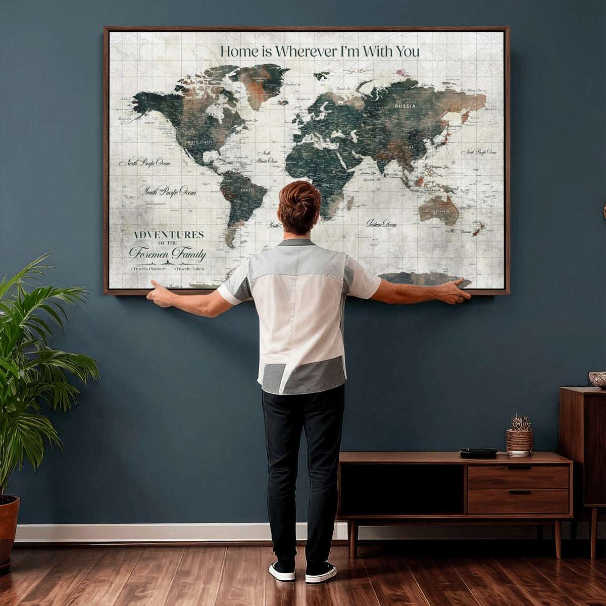Personalized Framed Beige Push Pin Travel Map Canvas Print, Family Travel Tracker, Home Office and Hallway Decor