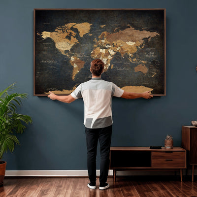 40660012D-MGV-CV-36X24 - Custom Push Pin World Map Wall Art Canvas Print – Personalized Travel Tracker with Pins Framed Large for Home and Office Decor